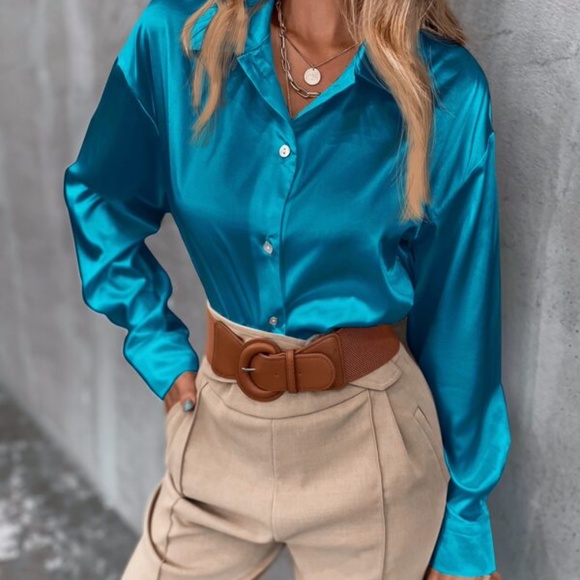 Teal Blue Classic button up Satin Boyfriend Work Top Minimalist - Picture 1 of 16